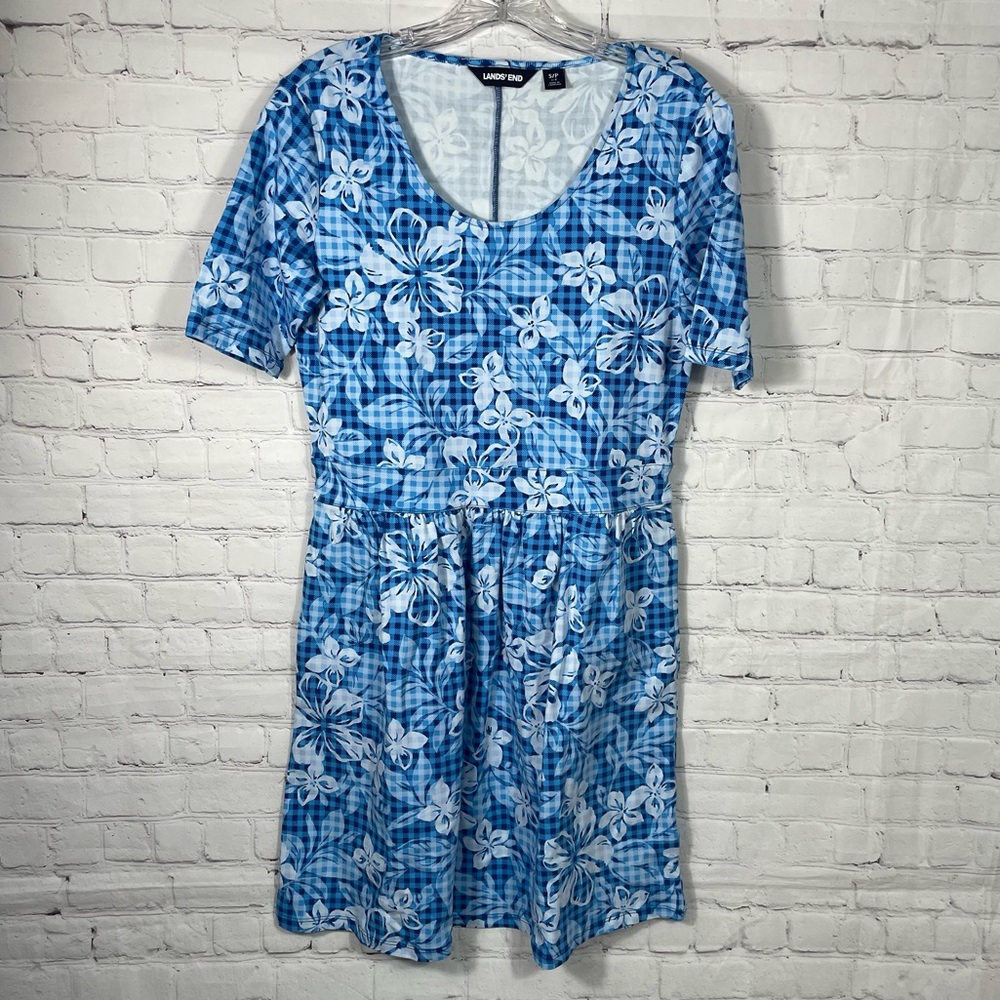 Lands End Blue Gingham Floral Short Sleeve Dress Size Small (6-8)